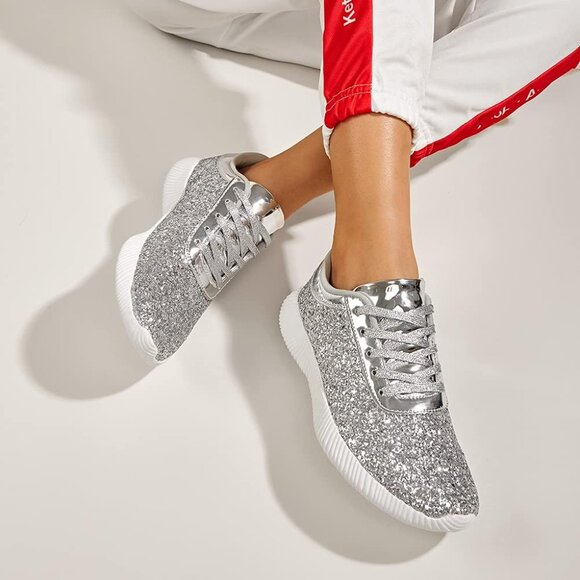 Lucky Step Women's Silver Sparkly Metallic Sequins Lightweight Glitter Shoes - Picture 8 of 8